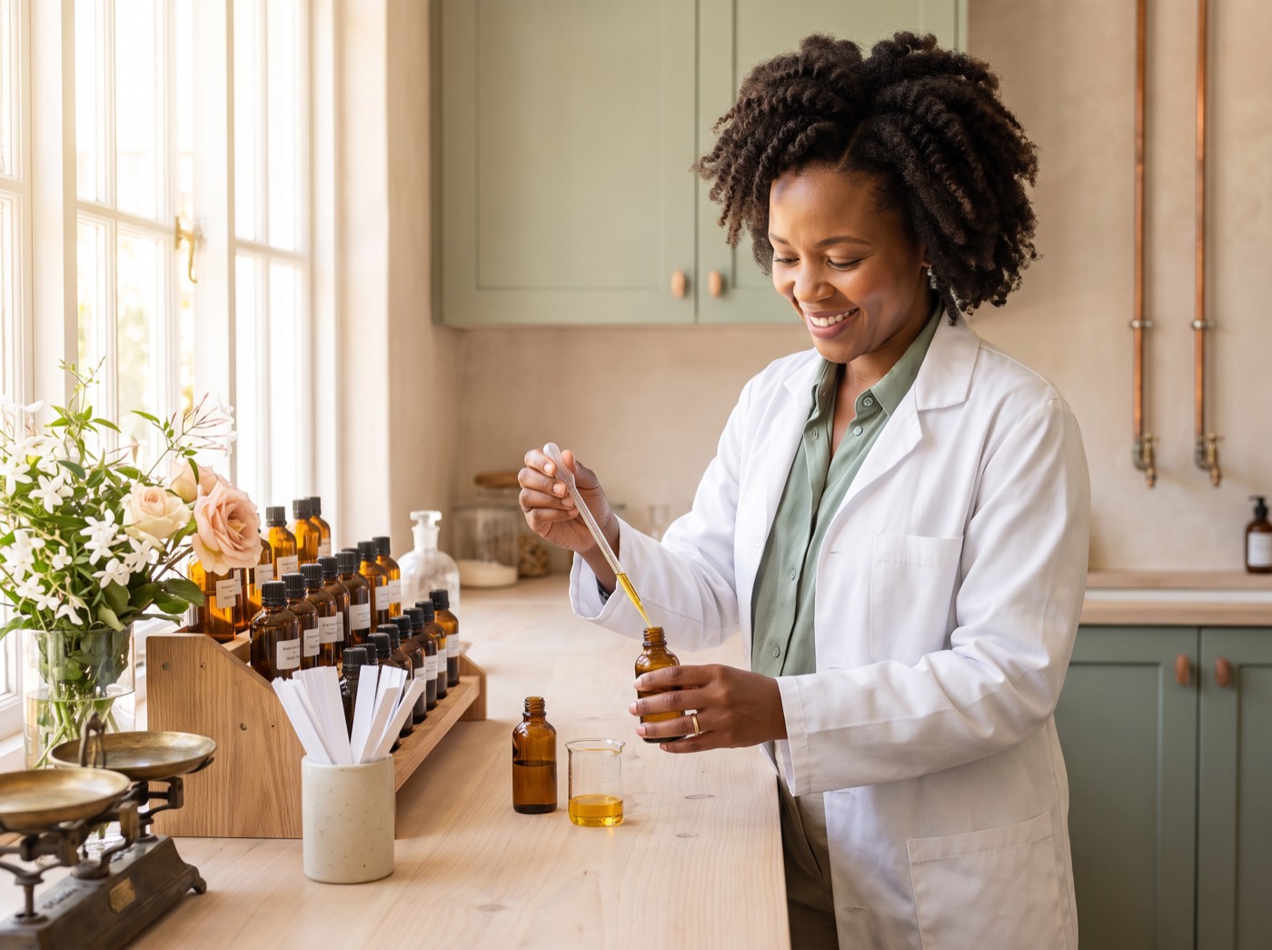A perfumer drawing fragrance oil with a pipette at the Ivana Sofia factory in Johannesburg